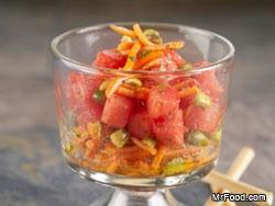 Sides Carrot Pistachio Watermelon Salad This trio of healthy super food powerhouses makes for one crunchy and refreshing fruit salad.
