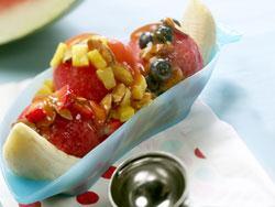 Desserts Watermelon Banana Split This refreshing eye-catching twist on a banana split features lycopene-rich watermelon scoops in place of ice cream, which is higher in fat and calories.