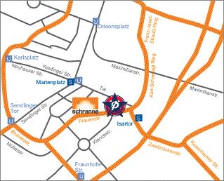 By rail: Take any S-Bahn from S-1 to S-8 from the main station (Hauptbahnhof) to Marienplatz (two stops), from there it is about 10