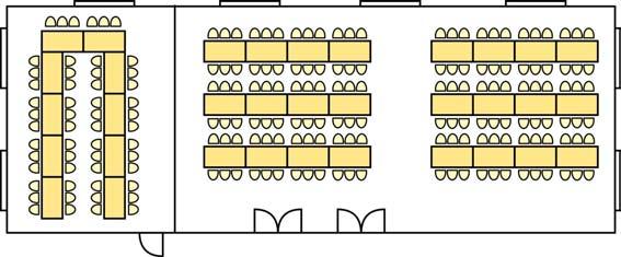 The hall, with a capacity of seating 200 people, can be divided into two separate units of variable size by means of mobile