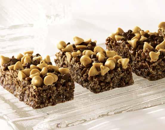 cup mini chocolate chips 6 cups chocolate crispy cereal 3/4 cup peanut butter chips 1/4 cup mini chocolate chips COOK corn syrup and sugar together in a large pan over medium heat, stirring to