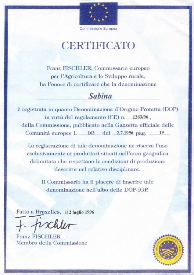 Sabina PDO 1996 Registration of the Designation of Origin Regulation (EC) n.