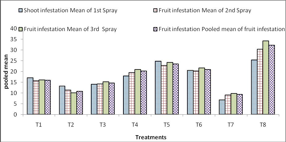 Fig.1 Efficacy of certain bio-rational pesticides against shoot and fruit borer of brinjal during Kharif season of 2016 (Pooled data of shoot infestation 1 st Spray; fruit infestation 2 nd and 3 rd