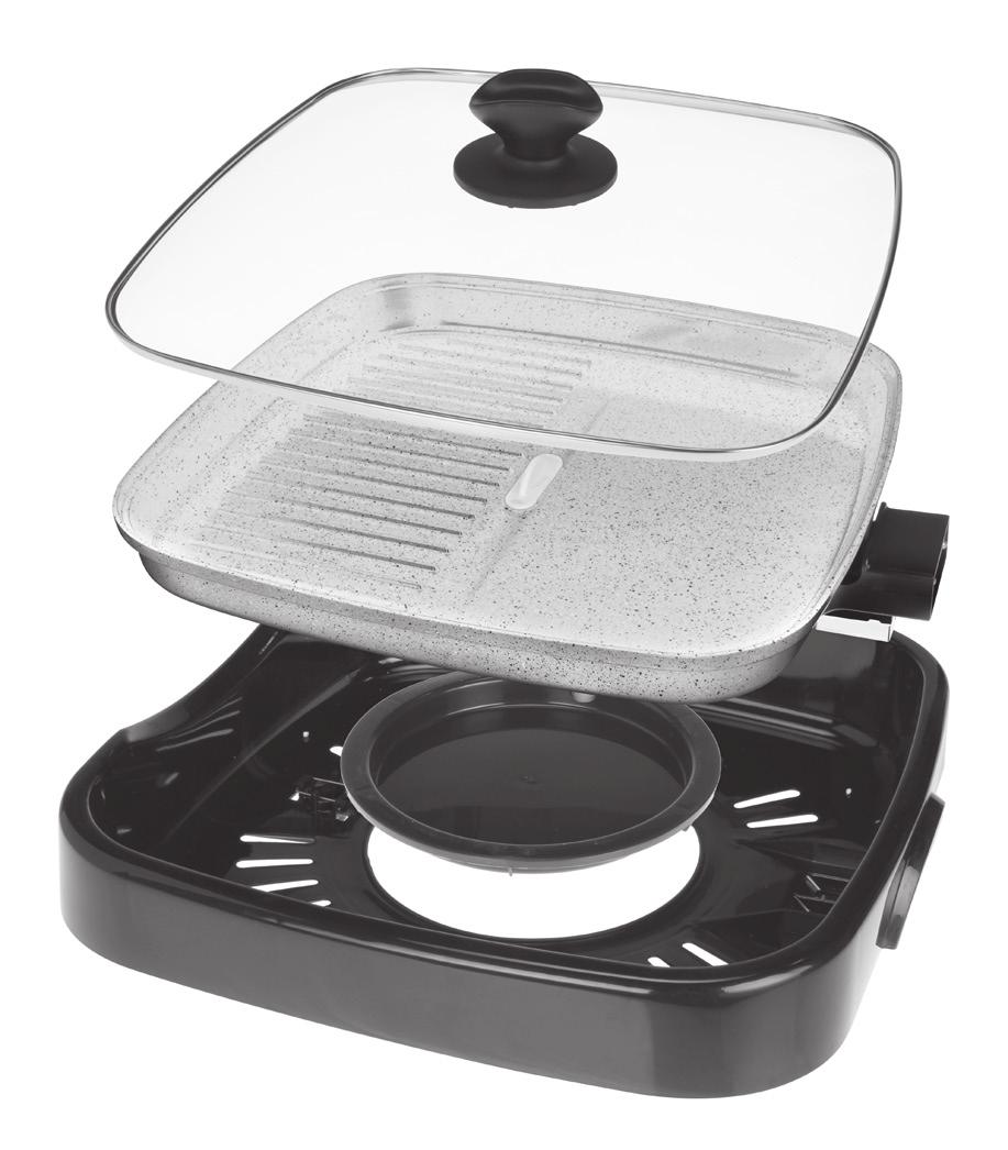 Place the base of the appliance on a stable and heat resistant surface. 2. Place the grease collector in the base. 3. Position the cooking pan on the housing base.