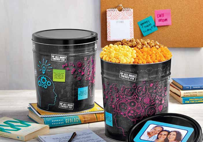 5-gallon tin comes filled with our 3 signature flavors: classic Butter, scrumptious Cheese and secret-recipe Caramel Corn. 56 cups. U D P006330 $39.