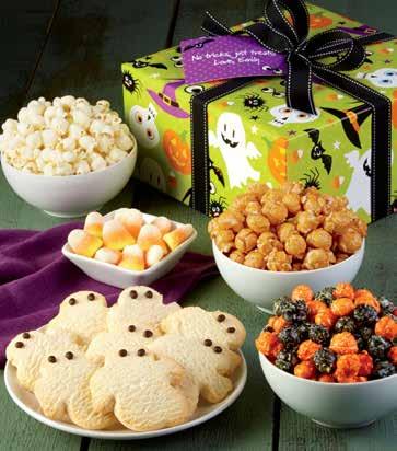 Halloween Pretzels; White Cheddar popcorn; Pumpkin Caramel Praline Crunch popcorn; and S Mores popcorn. A 2-gallon tin contains 32 cups of our 3 signature popcorn flavors: Butter, Cheese and Caramel.