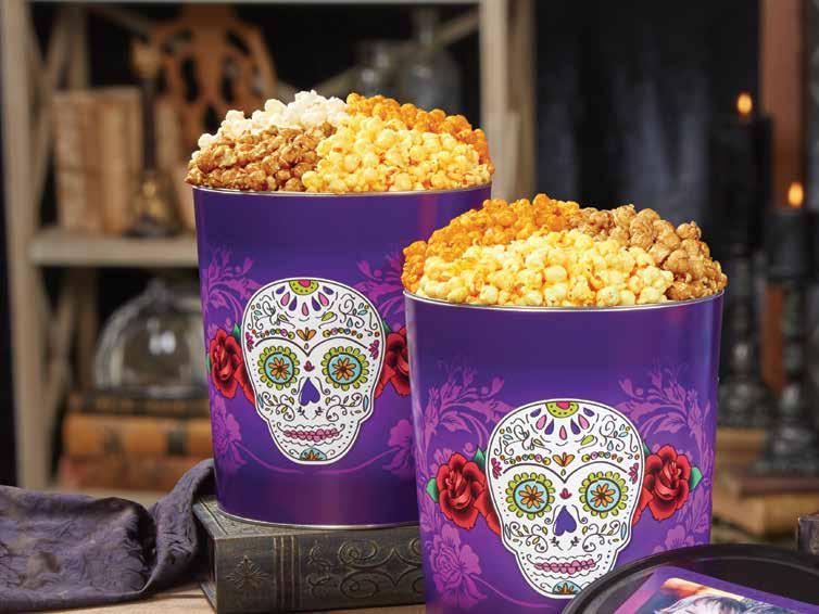 Get the party started with our SPOOKY SNACKS A A DAY OF THE DEAD POPCORN TINS new! Lively artwork and festive treats honor traditions and the spirit of the holiday.