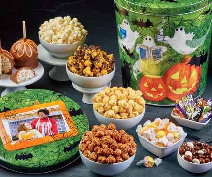 99 C B GHOST STORIES SNACK ASSORTMENT This tempting snack assortment tells the scrumptious tale of 4 flavors of gourmet popcorn and a mix of Halloween goodness.