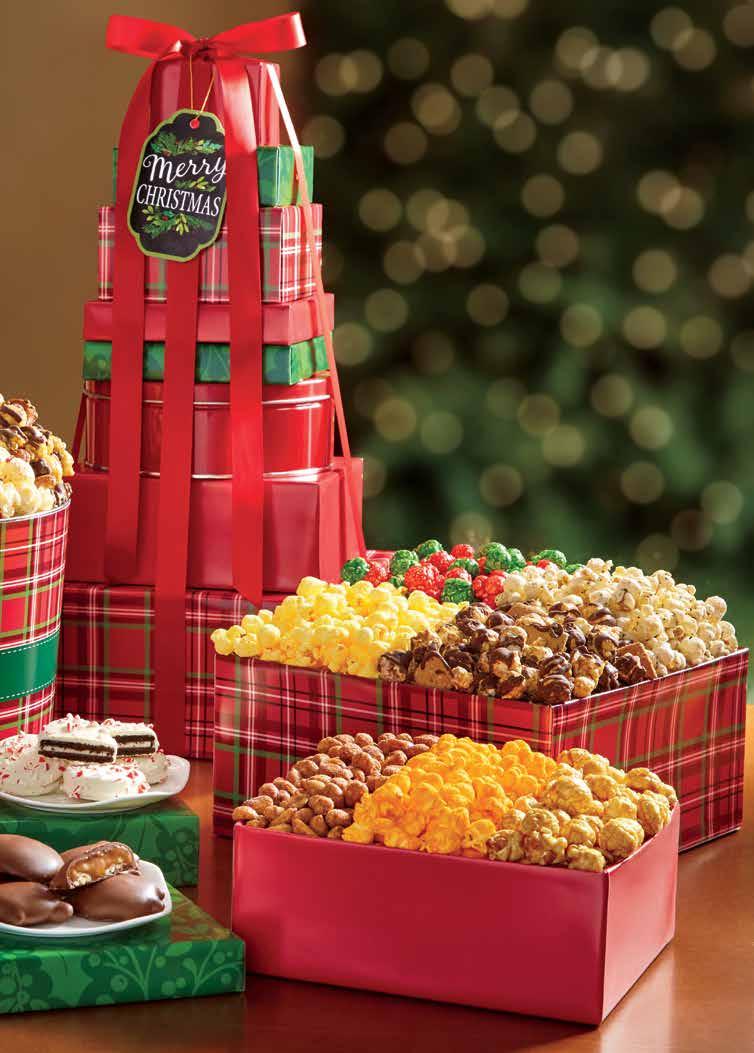 Happy Holidays also available MERRY CHRISTMAS PLAID 8-TIER TOWER & POPCORN TINS new!