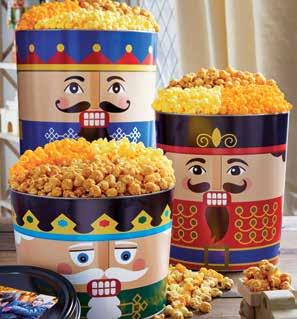 4-flavor tins are loaded with Butter, Cheese, Caramel, and Holiday Kettle corn. 2-Gallon tin contains 32 cups of popcorn, 3.5-gallon tin contains 56 cups and 6.5-gallon tin contains 104 cups.