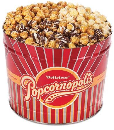 5-gallon tin, which holds 56 cups of popcorn, and will thrill 35 or more people. Price varies depending on flavors selected online. Seasonal and occasional designs also available online.