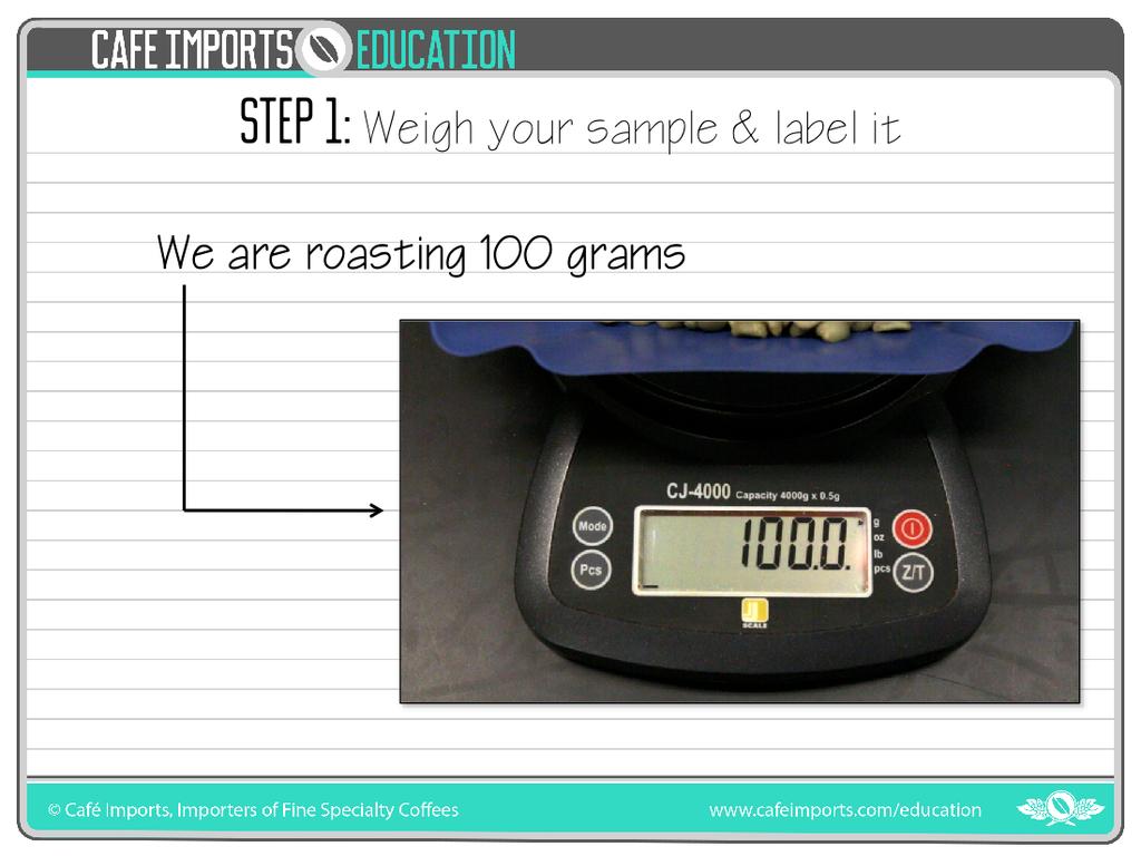 Weighing the coffee 1: For our purposes, we are roas2ng 100 grams of coffee.