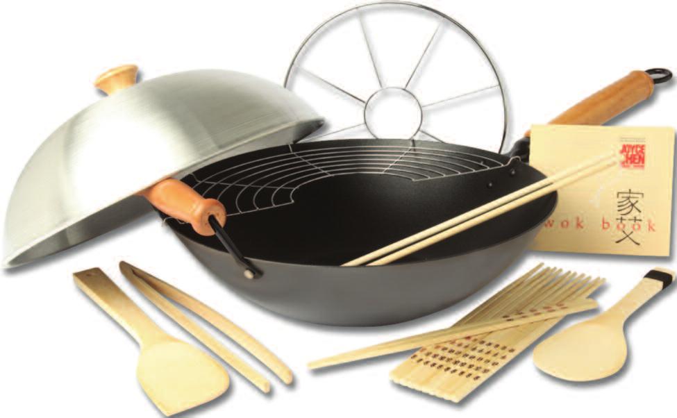 tongs, bamboo rice paddle, bamboo cooking chopsticks, 6 pair bamboo table chopsticks, steaming rack and recipe booklet.