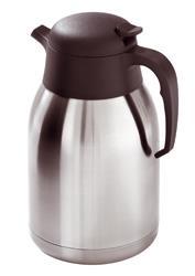 Stainless steel thermo jug Capacity 1,5 litres. Black plastic lid, pouring mechanism and handle. Chrome coloured. Heigth 225 mm.