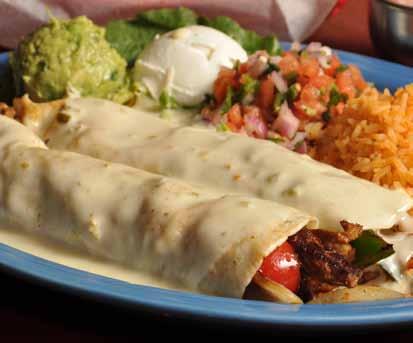Burritos California Burritos Fajita Burritos Enchiladas Burritos Burrito Deluxe Two burritos, one beef and beans and one chicken and beans, served with lettuce, sour cream and tomatoes 8.