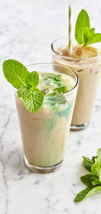 ICED MINT COFFEE Mix together milk, creme de menthe, chocolate syrup and coffee concentrate in a jug. Half fill two large glasses with ice cubes and pour over mint ice coffee.