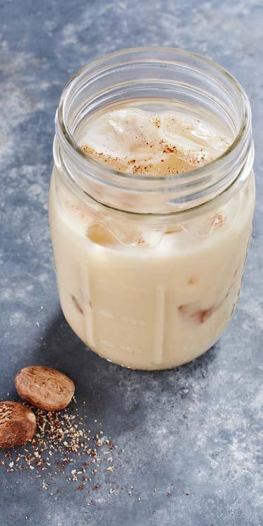 ICED EGGNOG Combine eggnog drink, milk and coffee concentrate in a jug and mix well. Half fill two large glasses with ice cubes and pour over eggnog drink.