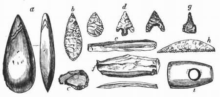 New Stone Age Implements, Including Forms Also In Use - In The Following Early Bronze Age a, stone celt or hatchet; b, flint spear-head; c, scraper; d, arrow-heads; e, flint flake-knives; f, core