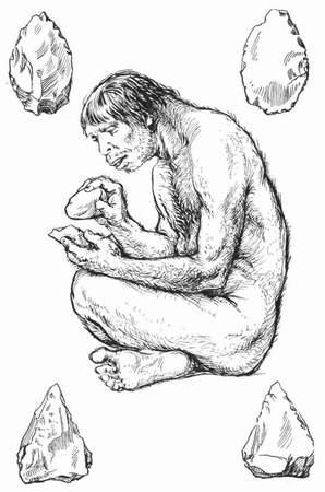Man Of Early Old Stone Age Making Flint Implement. If they wear anything at all, it will be some animal's hide.