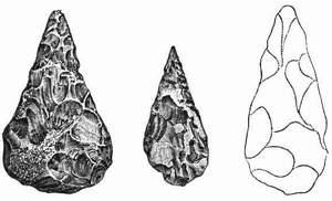 Old Stone Age Flint Hand-Axes Old Stone Age Spear-Head Then they learned how to knock sharp-edged flakes off flints and fasten them with sinews and vegetable fibers into the split top of a branch so