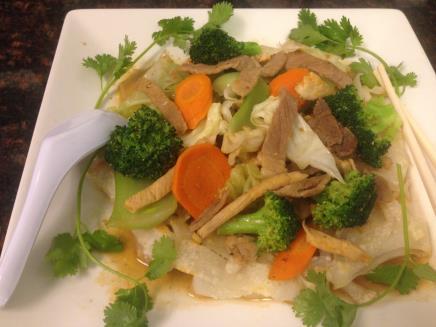 Steamed flat rice noodle with Seafood& Vegetables Pan Steamed flat rice noodle with Combination (Chicken, Pork, Beef& Vegetables) $ 12.