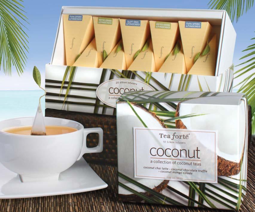 coconut ribbon box & petite ribbon box Our signature pyramid infusers beautifully presented in a tropical box. Coconut Chai Latte, Coconut Chocolate Truffle, Coconut Mango Colada.