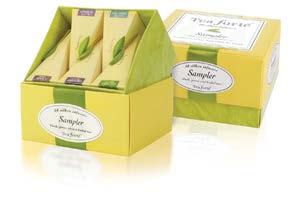 Ginger Lemongrass (organic). 13300 sampler ribbon box (20 infusers) 8.3 l x 4.3 d x 3.3 h 13401 sampler petite ribbon box (10 infusers) 4.5 l x 4.0 d x 3.