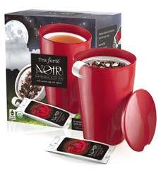 5 h noir loose tea starter set Contains a double-walled Cranberry Red ATI cup with integrated infusing basket and ten SINGLE STEEPS pre-portioned loose tea pouches, two of each blend: Blood Orange,