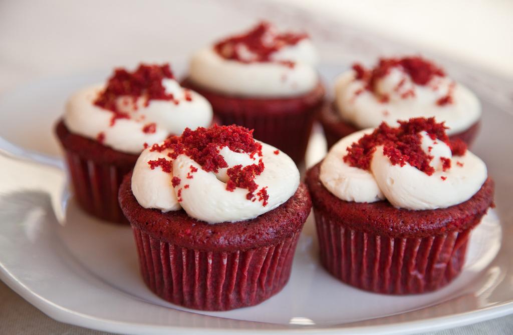 14 Red Velvet Cupcakes ¾ cup unsweetened cocoa powder 2¼ cups flour (all-purpose or sifted whole wheat) ½ tsp salt 1 tsp baking soda 2 cups sugar 1 cup unsalted butter (softened) ½ cup milk (room