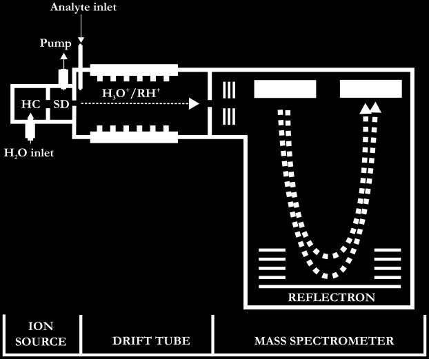 Figure 11. Scheme of a PTR-TOF-MS instrument 3.3.4.4.1.3. Mass spectrometer. In PTR-MS, volatile compounds are directly injected into the drift tube without previous separation.