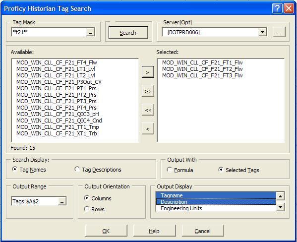 Figure 11: Search Tags Dialog Box The selected tags within the right-hand-side of the dialog box will yield the flow rates collected from Cross Flow Filter #21.