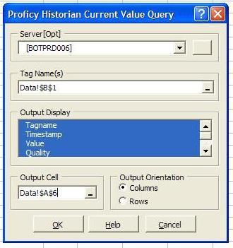 Figure 13: Current Values Query Dialog Box As shown in the Output Display portion of Figure 163, the current values to be displayed will be Tag Name, Timestamp, Value and Quality.