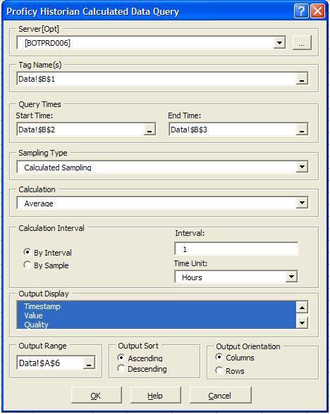 Figure 18: Calculated Data Query Dialog Box The Calculated Data Query function within the Historian Add-in can provide a bevy of tools for analyzing current process trends over a selected period of