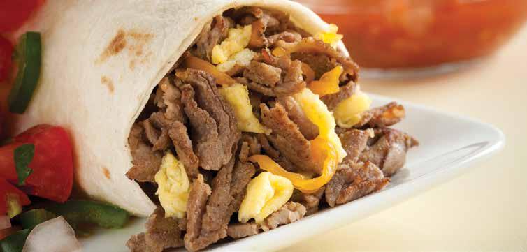 Breakfast Burrito Steak-EZE Beef, rolled in a flour tortilla with scrambled eggs and shredded cheddar cheese and topped with fresh pico de gallo.