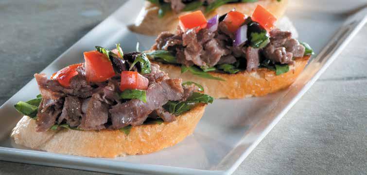 APPETIZERS/SNACKS 4 Sirloin Steak Bruschetta Steak-EZE BreakAway Beef atop French bread with spinach, basil and tomato-olive salsa.