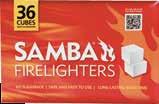 CODE: SAPLF24 APN: 9420039506457 FIRELIGHTERS 36 PACK SAMBA Firelighters have been specially formulated to give you a quick and easy start to your fire and are ideally suited for barbecues, coal
