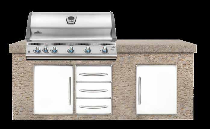 s 5 burners Cooking Area: 850 in 2 (5440 cm²) Cart Models Available Engaging i-glow backlit control knobs for late night entertaining 8 Flat Stainless Steel Door Kit N370-0361-1 Doors