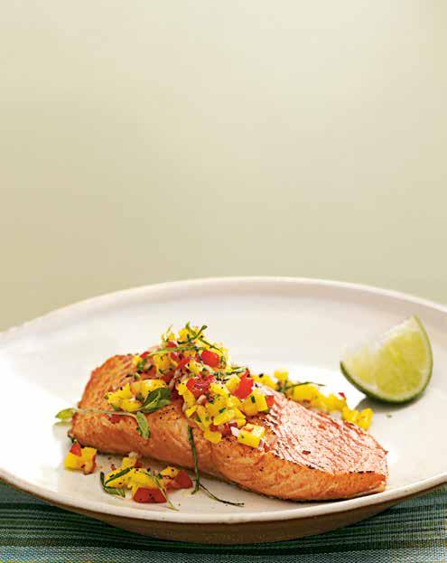 Seared Wild Salmon with Mango Salsa 6 servings mango, peeled and diced (about ½ c) ½ c diced red bell pepper ½ c diced red onion 3 Tbsp fresh lime juice 2 Tbsp chopped fresh mint Tbsp finely chopped