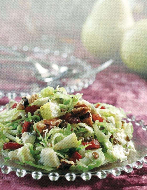 Brussels Sprout & Lentil Slaw with Pears & Blue Cheese Salad SERVINGS 6 PREP TIME 20 minutes TOTAL TIME 2 hours ½ cup (125 ml) green or French green lentils 1 garlic clove 20 large Brussels sprouts,