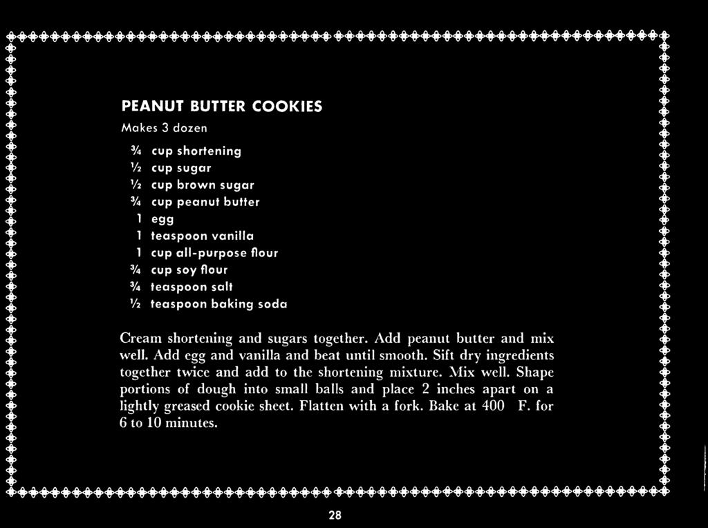 Add peanut butter and mix well. Add egg and vanilla and beat until smooth. Sift dry ingredients together twice and add to the shortening mixture.