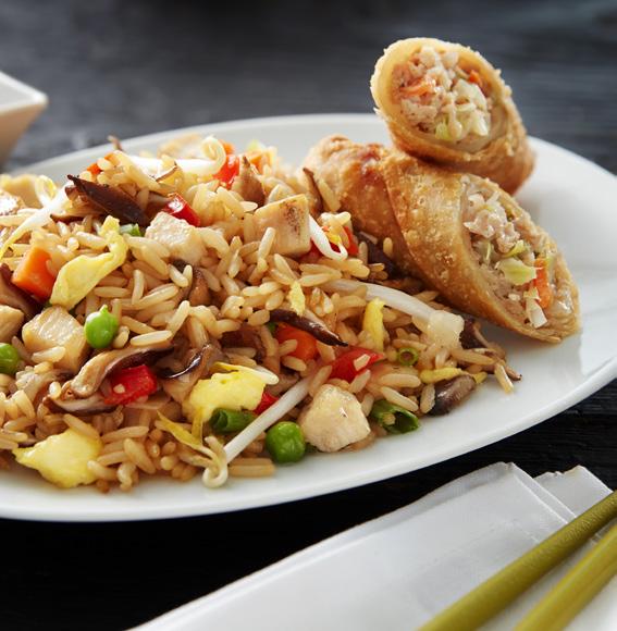 CHICKEN FRIED RICE Yield: about 8 Portions 3 lbs. (one bag) Minh Fried Rice (thawed) 4 cup Canola Oil 4 oz. Mushrooms, fresh, sliced 4 Eggs, fresh, whole lb. Chicken, fully cooked, diced 4 oz.