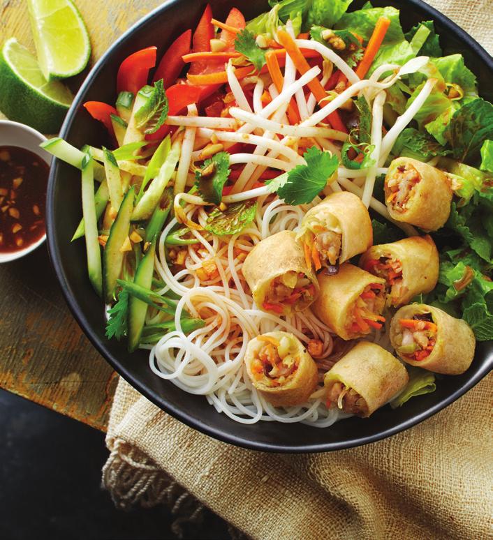 NOODLE SALAD WITH SPRING ROLLS portion For Nuoc Cham 2 T Lime Juice T Brown Sugar 2 2 t Fish Sauce 4 clove Garlic, minced 2 T Sriracha t Sesame Oil For Salad: 3 Minh Vegetable Spring Rolls 2 Tbsp Red