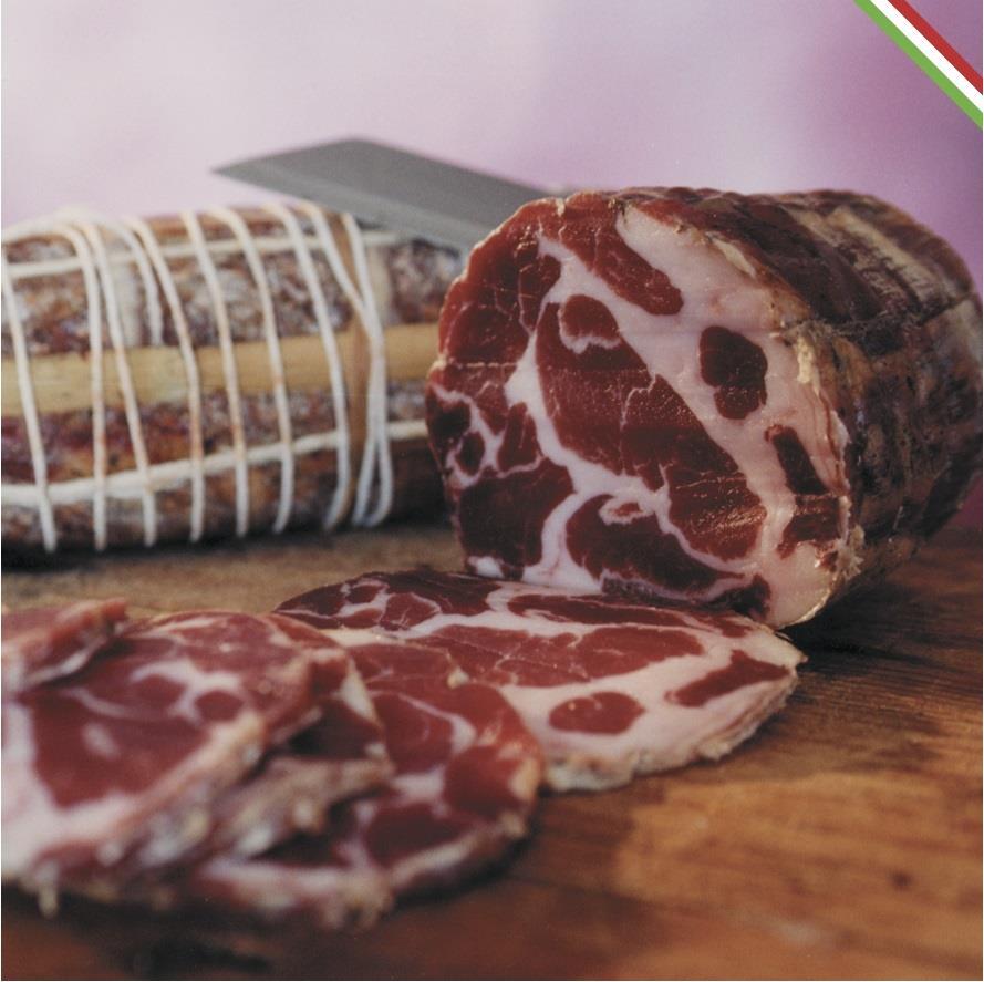 Our Products Capocollo Gusto Capocollo Gusto is made with the best part of the pig. It is in cylindrical form, wrapped in natural film and hand-tied with natural string.