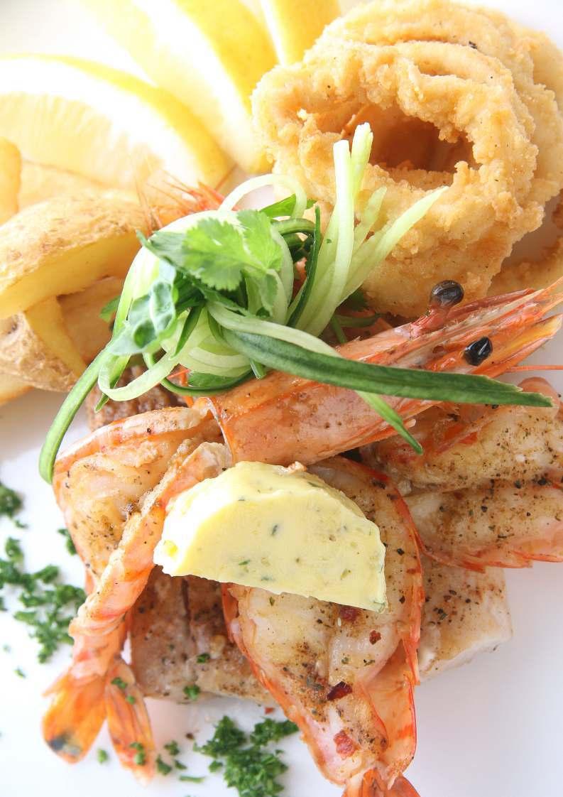 SEAFOOD PLATTERS Served with a choice of savoury rice, potato wedges, putu and chakalaka, herb mash or a side salad. All platters served with garlic coriander butter and lemon.