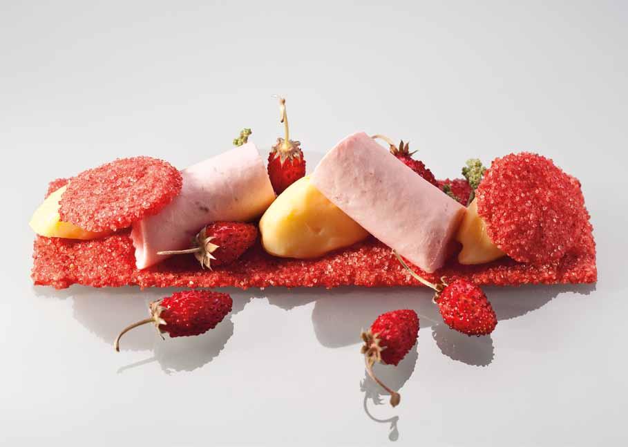 Red woodland strawberry Mascarpone, yuzu cream and a macaroon tuile (For 6 persons) Mousse of red woodland strawberries: 200 g mascarpone 40 g icing sugar 2 slice of gelatine, soaked and melted 150 g