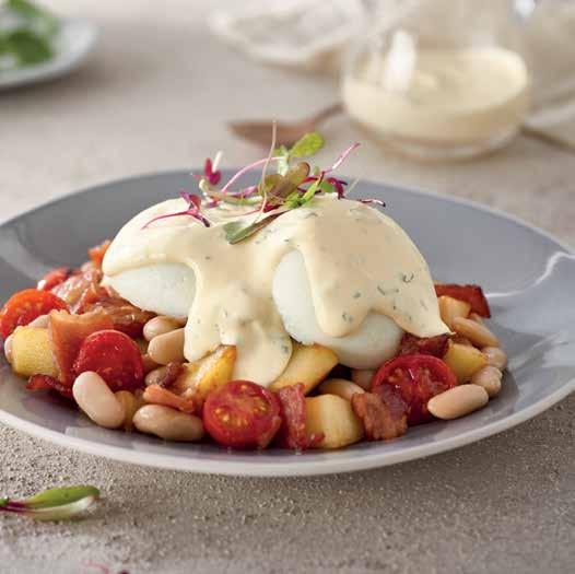 90 Bacon & Bean Hash, bacon, cherry tomato, potato & cannellini bean hash topped with two poached eggs & a basil hollandaise sauce. 79.90 Substitute bacon for mushroom as a vegetarian alternative.