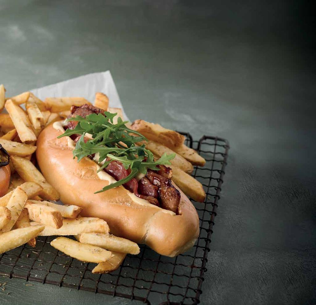 SMOKY PORK HOAGIES Soft baked bun with juicy fillings, served with your choice of M&B rosemary-salted fries, sweet potato fries or a M&B side salad.