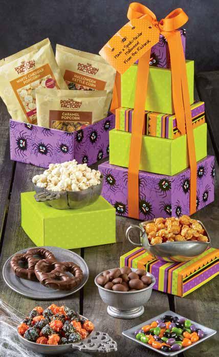 Crunch, Butter Toffee Almond Pretzel Mix and Halloween Kettle Corn. Serves 4 6. C03275 $49.99 C SPOOKY SPIDER SAMPLER Get tangled up in treats!