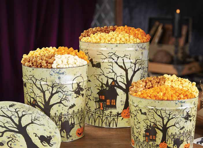 FRIGHT NIGHT TIN ASSORTMENTS Three tin sizes provide a Halloween treat for popcorn lovers in just the right size. Choose 2, 3.5 or 6.