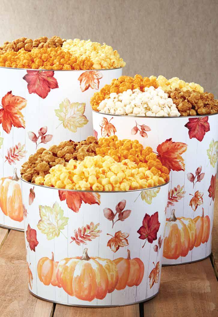 BOUNTY of flavor FALL INTO AUTUMN POPCORN TINS new! Cozy up to sweater weather and crisper days with the comfort of an all-time favorite snack.